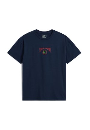 Granatowy t-shirt Vans z czerwonym napisem "Sunrise to Sundown" i zielono-żółtą grafiką yin-yang słońca na środku klatki piersiowej.