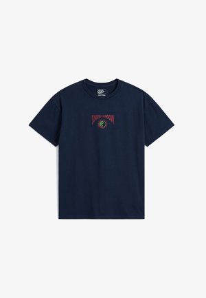 Granatowy t-shirt Vans z czerwonym napisem "Sunrise to Sundown" i zielono-żółtą grafiką yin-yang słońca na środku klatki piersiowej.