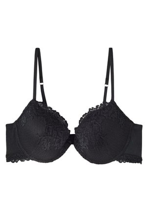 Soutien-gorge noir avec bonnets rembourrés et dentelle le long des bords. Bretelles réglables et bande sous les seins en tissu lisse.