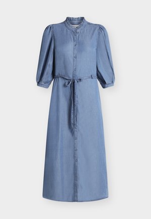 Sinine teksamist midi-kleit, millel on pahkluu pikkused põrnikavarukad, ees nupud, kõrge volangiline krae ja vöörihma olemasolu vöö juures.