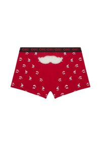 Rote Baumwollboxershorts mit einem schwarzen elastischen Bund, der den Text "OH! OH! OH!" trägt, und einem auffälligen weißen Schnurrbartakzent. Weihnachtsmannmützen-Muster überall.