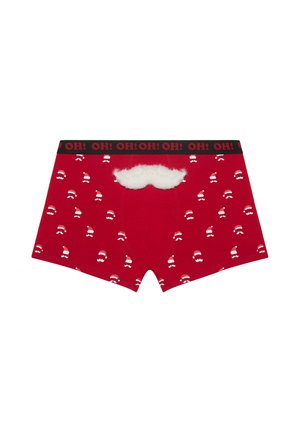 Boxers de algodón rojos con una cinturilla elástica negra que presenta el texto "¡OH! ¡OH! ¡OH!" y un acento de un bigote blanco esponjoso. Patrón de gorros de Santa en toda la prenda.