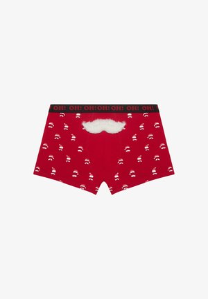 Boxers de algodón rojos con una cinturilla elástica negra que presenta el texto "¡OH! ¡OH! ¡OH!" y un acento de un bigote blanco esponjoso. Patrón de gorros de Santa en toda la prenda.