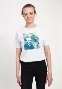 Bílé bavlněné tričko s modrozeleným grafickým potiskem Vincenta van Gogha a lebky. Kulatý výstřih, krátké rukávy, volný střih.