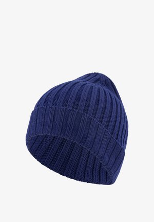 Gebreide beanie in donker marineblauw, met een verticale ribstructuur en een taps toelopende bovenkant, geschikt voor koud weer.