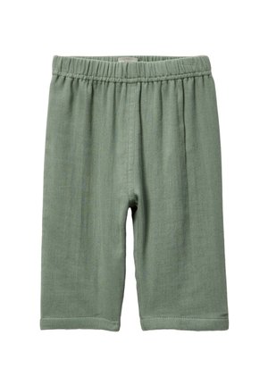 Shorts verts à taille élastique en tissu doux, longueur genou avec couture simple et sans poches visibles ni ornements.