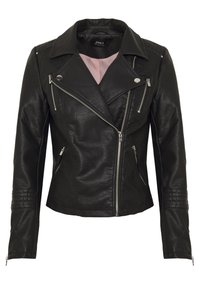 Svart faux läder motorcykeljacka med diagonalt dragkedjestängning, axelklaffar och ribbade detaljer på ärmarna.