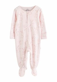 Helles rosa Baby-Strampler mit Hasenmuster, langen Ärmeln, durchgehendem Reißverschluss und Füßchen. Weicher Stoff, runder Ausschnitt.