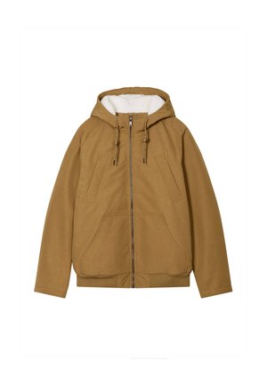 Brown hooded jacket with a zip front, fleece lining, and two front pockets. Features adjustable drawstrings and a textured outer fabric.