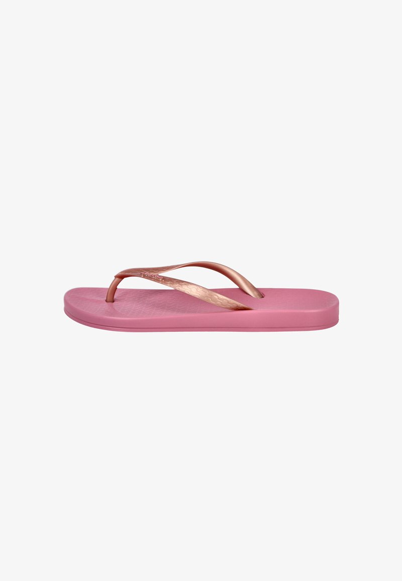 Chancla de goma rosa con tiras de oro rosa texturizadas, suela plana y diseño sencillo de tira, vista de perfil sobre fondo blanco.
