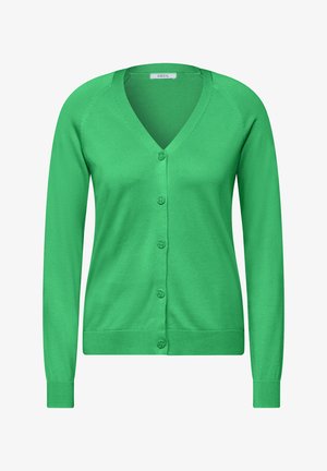 Grüner Baumwollcardigan mit V-Ausschnitt, langen Ärmeln und sechs passenden Knöpfen auf der Vorderseite. Glatte Textur mit einer taillierten Passform.