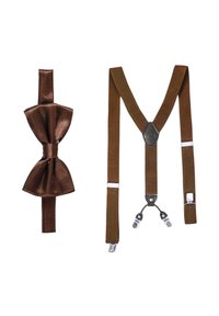 Pajarita de satén marrón con una forma clásica y un brillo elegante, combinada con tirantes marrones a juego que presentan herrajes y clips metálicos.