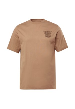 Braun kurzärmliges T-Shirt aus Baumwolle. Mit einer grafischen Illustration im linken Brustbereich. Rundhalsausschnitt und reguläre Passform.