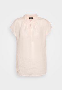 Blusa di lino rosa chiaro con colletto rotondo, maniche a cappuccio corte e chiusura a bottone frontale. Tessuto morbido e vestibilità comoda.