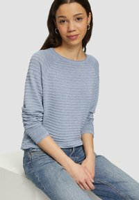 Helles blaues Sweatshirt mit horizontaler Ripptextur, Rundhalsausschnitt und langen Ärmeln, kombiniert mit blauer Denim. Einfaches, ungeschmücktes Design.