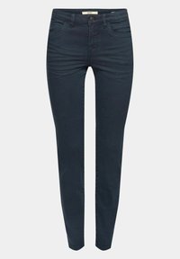 Jeans bleu foncé taille slim avec bouton frontal et fermeture éclair, deux poches avant et passants pour ceinture, présentés sur un fond uni.