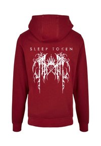 Felpa bordeaux con cappuccio caratterizzata da un design grafico bianco sulla schiena con il testo "SLEEP TOKEN" sopra. Realizzata in tessuto morbido, presenta un cappuccio e polsi in costina.