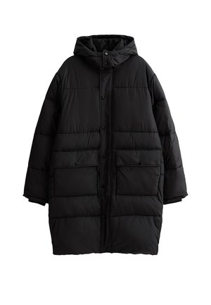 Black puffer jacket with a hood, featuring a quilted design, snap button closure, and two front pockets. Made of lightweight, insulated material.