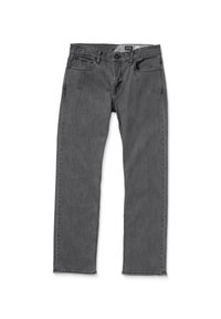 Jeans de mezclilla gris con un diseño de pierna recta, que presentan un estilo de cinco bolsillos, acentos de costura y un cierre clásico de botón.