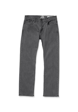 Grå denimjeans med en lige bendesign, der har en fem-lomme stil, syningsdetaljer og en klassisk knaplukning.