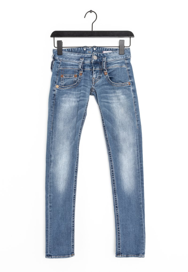 Denim jeans in light blue, featuring a slim fit, five pockets, metal button closure, and subtle fading along the thighs and knees.