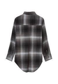 Schwarz-weiß kariertes Hemd, langärmlig, mit Knopfmanschetten und abgerundetem Saum, aus leichtem Stoff mit strukturierter Oberfläche. Rückansicht.