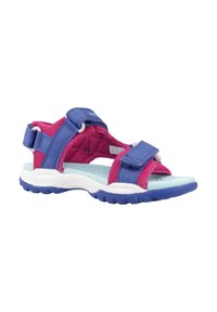 Sandale de exterior violet și roz cu bretele ajustabile, superior din plasă, talpă intermediară cu umplutură și talpă exterioară texturată pentru aderență.