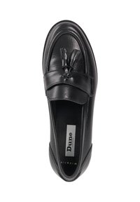 Black leather loafers featuring a smooth finish, rounded toe, decorative bow detail, and a cushioned insole from Dune London.