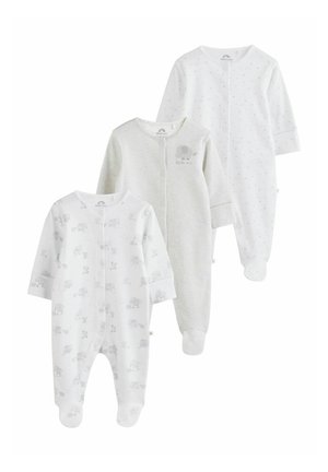 Three white and light gray long-sleeve baby onesies with footies, featuring elephant and star patterns, arranged overlapping on a white background.