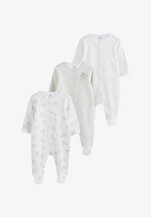 Kolm valget ja helehalliga pikakätelist beebikombet jalatossudega, millel on elevandi ja tähe mustrid, asetatud valgele taustale kattuvana.