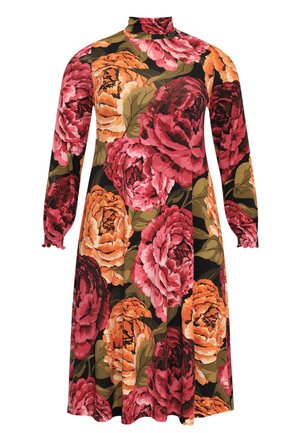 Robe à manches longues avec col montant, présentant un grand motif floral rose et orange sur fond noir.