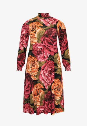 Robe à manches longues avec col montant, présentant un grand motif floral rose et orange sur fond noir.