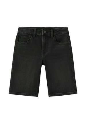 Schwarze Jeansshorts mit vorderer Knopfleiste, Gürtelschlaufen und Fünf-Taschen-Design, flach auf weißem Hintergrund präsentiert.