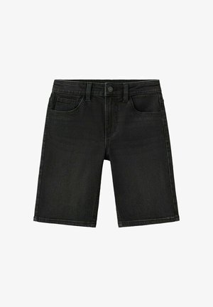 Schwarze Jeansshorts mit vorderer Knopfleiste, Gürtelschlaufen und Fünf-Taschen-Design, flach auf weißem Hintergrund präsentiert.