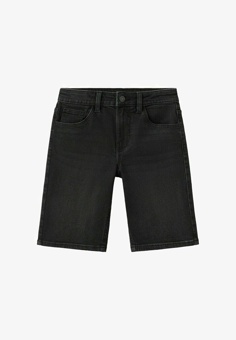 Shorts en jean noir avec bouton sur le devant, passants pour ceinture et design à cinq poches, présentés à plat sur un fond blanc.