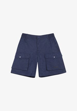 Shorts cargo bleu marine en tissu texturé, avec une ceinture élastique, deux grandes poches latérales et un marquage discret à l'avant.
