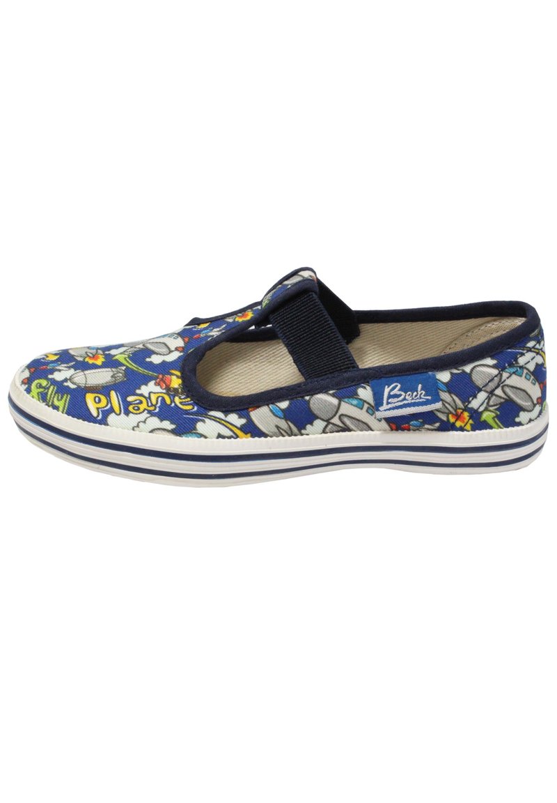 Blauwe stoffen schoen met bloemen- en cartoonprints. Beschikt over een band over de bovenkant, een witte zool met marineblauwe strepen en een gevoerde binnenvoering.