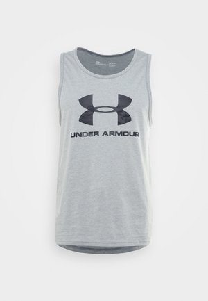 Graues ärmelloses Sport-Top mit schwarzem Under Armour Logo und Schriftzug auf der Vorderseite, vor weißem Hintergrund dargestellt.