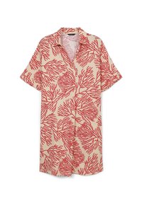 Camicia a maniche corte color crema con un motivo di barriera corallina in rosso. Presenta un colletto e una vestibilità comoda, realizzata in tessuto leggero.