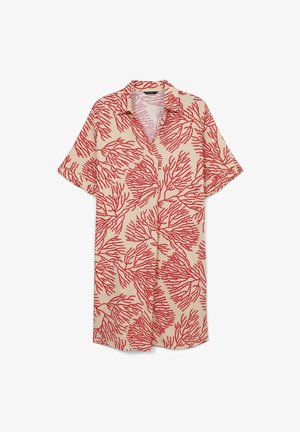 Chemise à manches courtes de couleur crème avec un motif de récif corallien en rouge. Dotée d'un col et d'une coupe décontractée, elle est fabriquée en tissu léger.