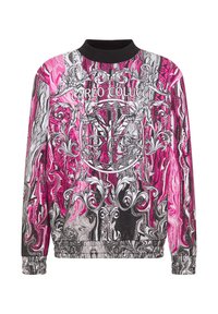 Fargerik sweatshirt med et virvlende marmorert mønster i rosa, svart og hvitt, med en svart stripet krage og brodert logo foran.