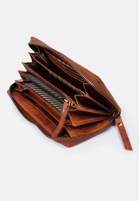Brown leather wallet with a textured finish, featuring multiple card slots and a zippered compartment. Interior has striped lining.