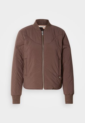 Καφέ μπουφάν τύπου bomber με φερμουάρ στο μπροστινό μέρος, ριμπ μανσέτες και γιακά, και ομαλή, υφασμένη επιφάνεια. Διαθέτει πλαϊνές τσέπες και ραμμένες λεπτομέρειες.