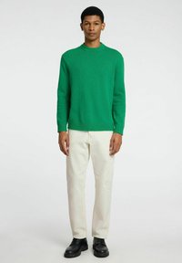 Maglione verde a maglia con scollatura a girocollo, abbinato a pantaloni crema e scarpe nere. Vestibilità slim e tessuto testurizzato visibile.