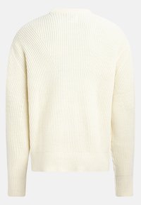 Suéter de punto color crema con un patrón texturizado, cuello redondo y puños y dobladillo acanalados. Mostrado desde la parte de atrás.