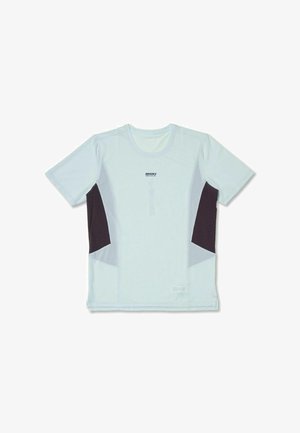 Light blue athletic t-shirt with short sleeves, dark mesh accents on sides, and reflective logo. Made of moisture-wicking material.