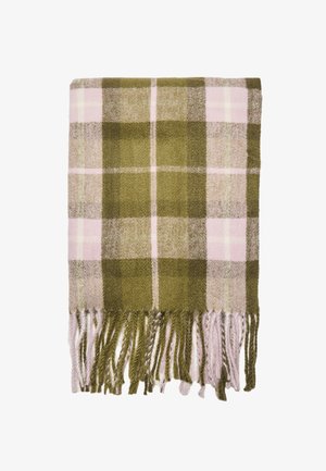 Volnena karo odeja z zelenimi, roza in belimi barvami, z resastimi robovi. Mehka tekstura in pravokotna oblika.