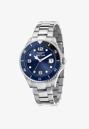 Orologio Sector con bracciale in acciaio inossidabile, quadrante blu, indicatori dell'ora luminosi e vetro per la data. Resistente all'acqua fino a 100 metri.