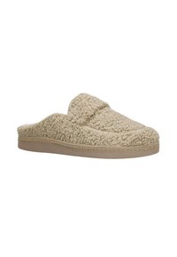 Beige slip-on slipper with textured, curly fleece upper and flat rubber sole, designed for indoor comfort.