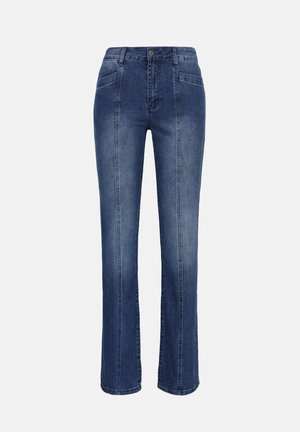 High-waisted blue denim jeans with front seam detailing, angled front pockets, button closure, and straight leg fit.
